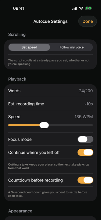 InOne autocue settings showing Follow my voice, word count, estimated reading time and speed