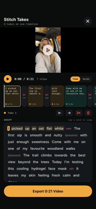 Three takes stitched onto one InOne timeline, ready to export as a single video